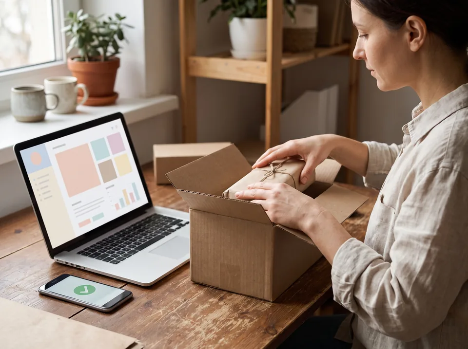 Właścicielka sklepu na Shopify pakuje opłacone zamówienie, obok laptop z panelem sklepu i telefon z potwierdzeniem płatności